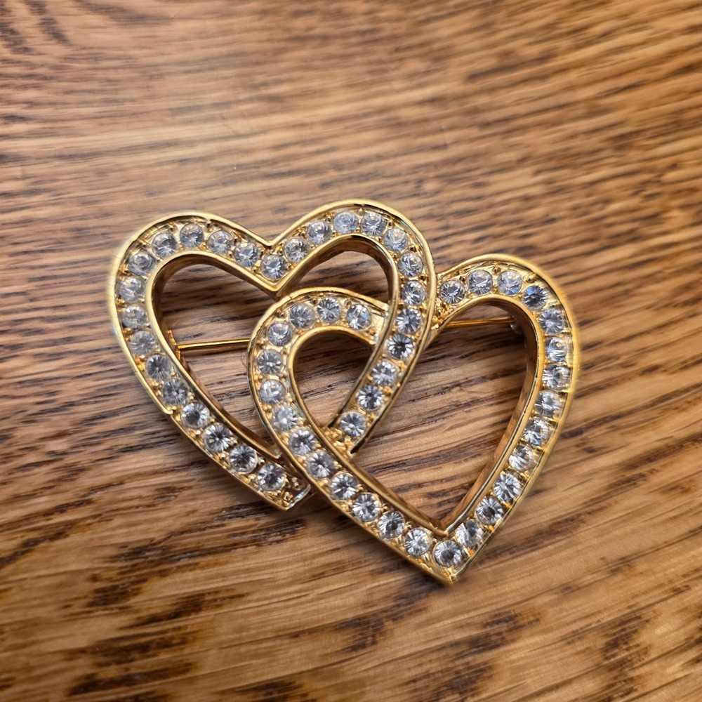 Vintage Roman Gold Rhinestone Double Interlocking Heart Brooch Pin Romantic Gift